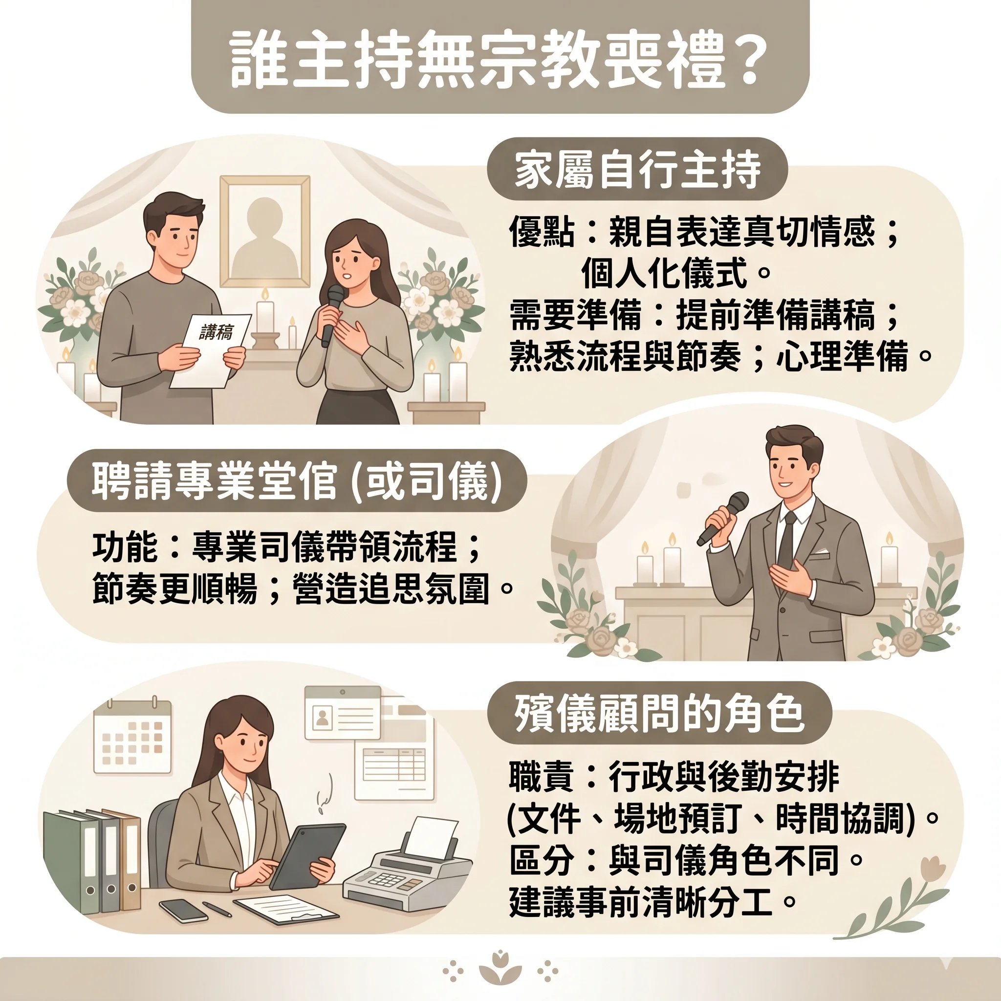 choosing-a-host-for-non-religious-funeral-services 專業堂倌在無宗教喪禮中協助家屬引導親友進行默哀與生平回憶分享的場景