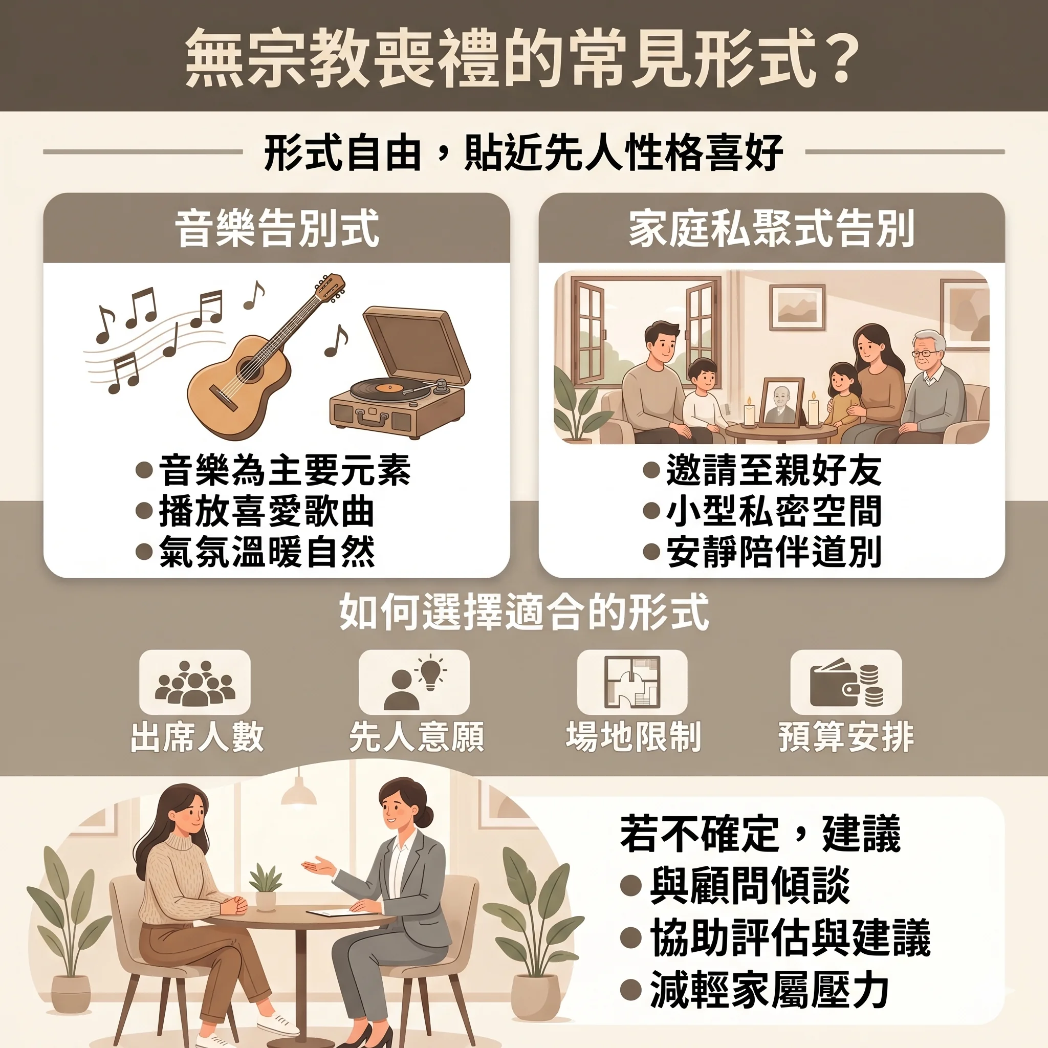 common-formats-and-styles-of-secular-funerals 展示以音樂為題的告別式,現場設有播放音樂的音響設備與親友分享回憶的溫馨角落