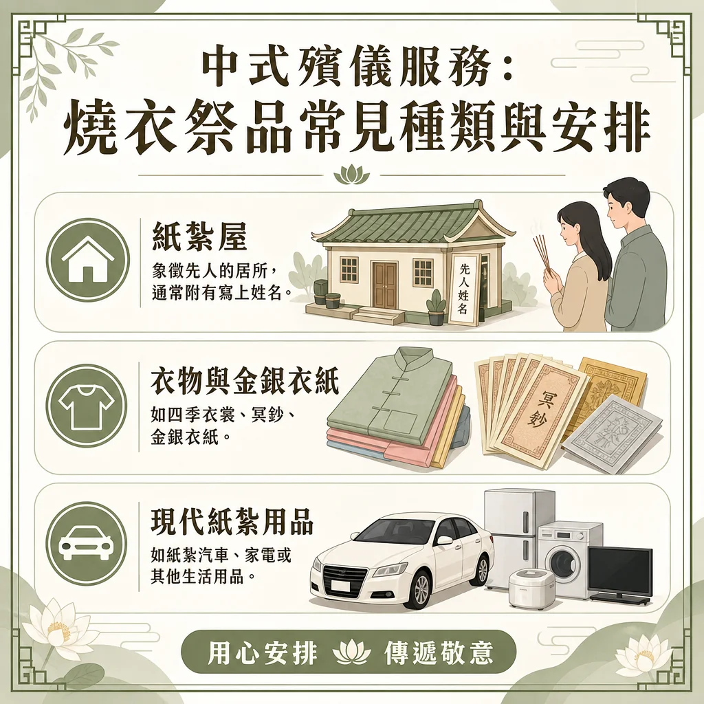 chinese-funeral-burning-offerings-paper-house-ancestor-clothes 中式殯儀服務資訊圖表,主題為「中式殯儀服務:燒衣祭品常見種類與安排」。背景為淡綠色水墨山水、祥雲、古典中式邊框與白蓮花。下方橫幅文字為「用心安排 傳遞敬意」。圖中詳細列出三大祭品種類、文字說明與對應插畫:紙紮屋:內文為「象徵先人的居所,通常附有寫上姓名」。右側配有一男一女家屬手拿線香,面向一棟古典青瓦白牆的精緻紙紮大屋拜祭的插畫,屋前立有寫著「先人姓名」的封條牌位。衣物與金銀衣紙:內文為「如四季衣裳、冥鈔、金銀衣紙」。右側配有整齊疊放的中式四季衣裳(綠、粉、黃色),以及多張印有「冥鈔」字樣的紙錢、金銀箔紙、溪錢等傳統紙錢插畫。現代紙紮用品:內文為「如紙紮汽車、家電或其他生活用品」。右側配有一台白色現代轎車、雙門電冰箱、滾筒式洗衣機、電飯煲及液晶電視機等現代家電的紙紮插畫。