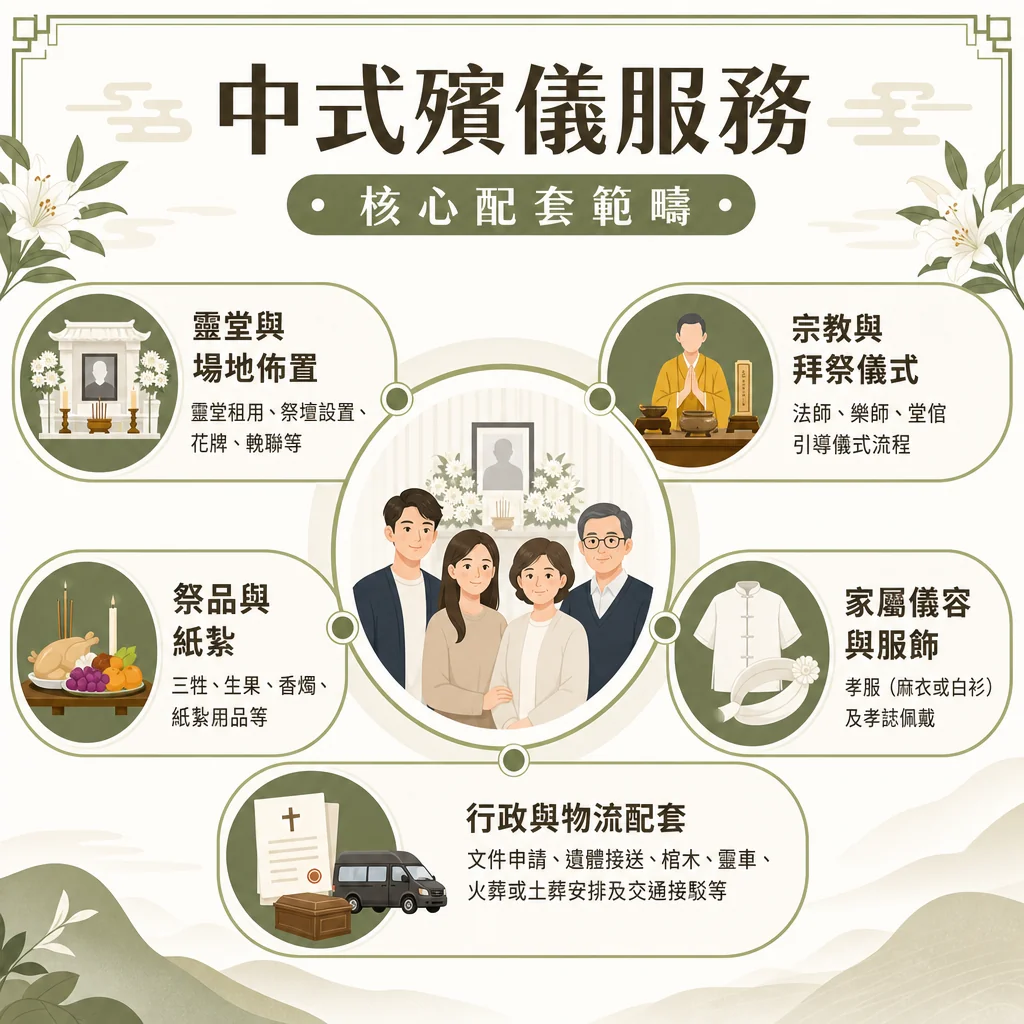 chinese-funeral-service-core-packages-logistics-clothing 中式殯儀服務資訊圖表,主題為「核心配套範疇」。背景為青綠色古風水墨山水。中央圓形插畫為兩男兩女共四位家屬面帶微笑的溫馨合照,背景為佈置白花的先人靈壇。中央圓形向外連結五個核心配套項目的圓形區塊與內文:靈堂與場地佈置:內文為「靈堂租用、祭壇設置、花牌、輓聯等」,配有中式白色靈堂祭壇插畫。宗教與拜祭儀式:內文為「法師、樂師、堂倌引導儀式流程」,配有身穿黃色法衣的法師合十誦經插畫。家屬儀容與服飾:內文為「孝服(麻衣或白衫)及孝誌佩戴」,配有中式白衫孝服與白色孝誌、腰帶插畫。行政與物流配套:內文為「文件申請、遺體接送、棺木、靈車、火葬或土葬安排及交通接駁等」,配有帶十字架的證明文件、棺木與黑色靈車插畫。祭品與紙紮:內文為「三牲、生果、香燭、紙紮用品等」,配有置有燒雞、水果拼盤與點燃香燭的供桌插畫。