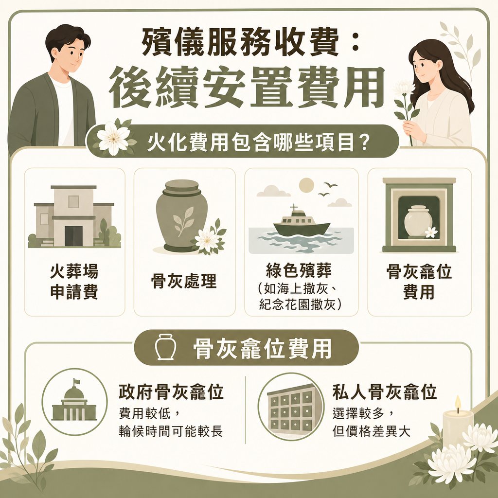 cremation-costs-and-columbarium-fees-infographic 標題為「殯儀服務收費:後續安置費用」的資訊圖表,解答火化費用包含哪些項目。內容列出四大後續安置項目:火葬場申請費、骨灰處理、綠色殯葬(如海上撒灰、紀念花園撒灰)及骨灰龕位費用。圖表下方進一步比較骨灰龕位費用,分為「政府骨灰龕位」費用較低、輪候時間可能較長;以及「私人骨灰龕位」選擇較多,但價格差異大。