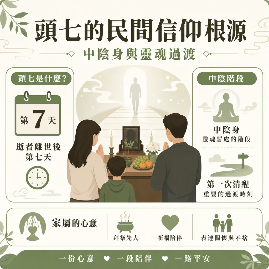 folk-beliefs-touqi-bardo-soul-transition 解釋頭七民間信仰根源的資訊圖卡。圖中描繪家人在祭壇前拜祭,背景為靈魂走向光芒之門。圖表詳細說明頭七定義(逝者離世後第七天)、中陰階段(中陰身與第一次清醒),以及拜祭先人、祈福陪伴等家屬心意。底部標語為「一份心意,一段陪伴,一路平安」。
