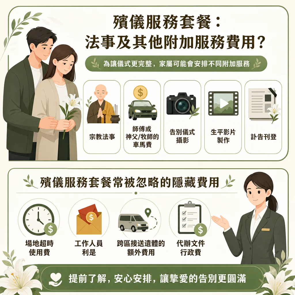 一張以綠白色調為主的殯儀知識圖卡，主標題為「殯儀服務套餐：法事及其他附加服務費用？」，副標題為「為讓儀式更完整，家屬可能會安排不同附加服務」。圖卡分為上下兩部分： 上半部分左側有一對男女手持白百合的插圖。右側列出五項常見的附加服務項目：「宗教法事」、「師傅或神父/牧師的車馬費」、「告別儀式攝影」、「生平影片製作」及「訃告刊登」。下半部分標題為「殯儀服務套餐常被忽略的隱藏費用」，右側有一位女性殯儀顧問做手勢引導，左側列出四個圓形圖示項目：「場地超時使用費」、「工作人員利是」、「跨區接送遺體的額外費用」及「代辦文件行政費」。