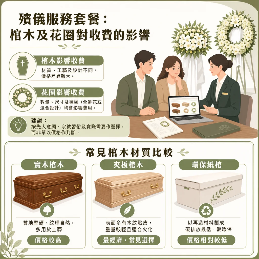 一張以綠白色調為主的殯儀知識圖卡，主標題為「殯儀服務套餐：棺木及花圈對收費的影響」。圖卡分為上下兩部分： 上半部分右側有一幅插圖，顯示一對年輕男女正在與穿西裝的殯儀顧問討論，桌上擺有顯示棺木與花圈款式的筆記型電腦。左側列出兩個影響收費的要點：「棺木影響收費」及「花圈影響收費」。下半部分標題為「常見棺木材質比較」，欄位從左至右詳細對比三種棺木：「實木棺木」、「夾板棺木」及「環保紙棺」。