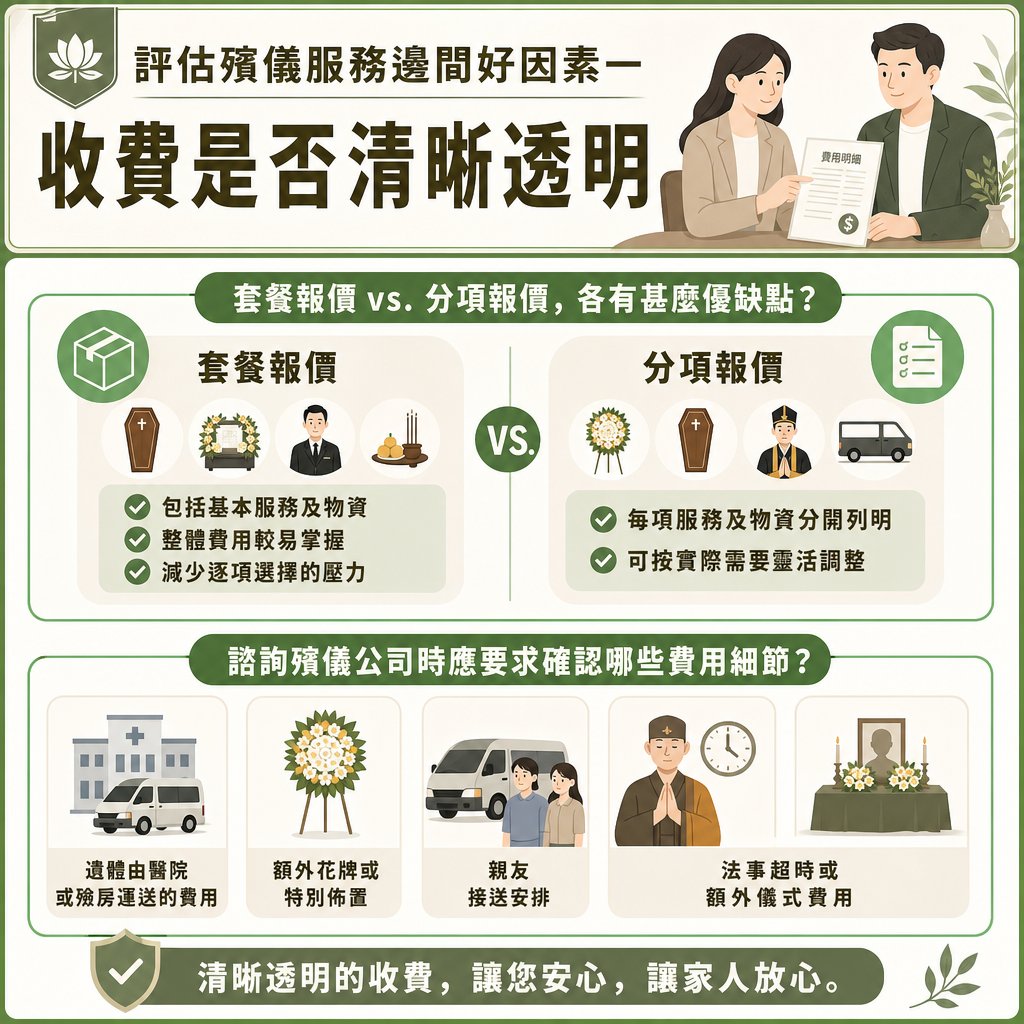 funeral-package-vs-itemized-pricing-transparency 資訊圖表介紹「評估殯儀服務邊間好因素一:收費是否清晰透明」。中段詳細對比「套餐報價」與「分項報價」的優缺點;下半部提示諮詢時應確認的 4 大隱藏費用細節(遺體運送、額外花牌、親友接送、法事超時)。