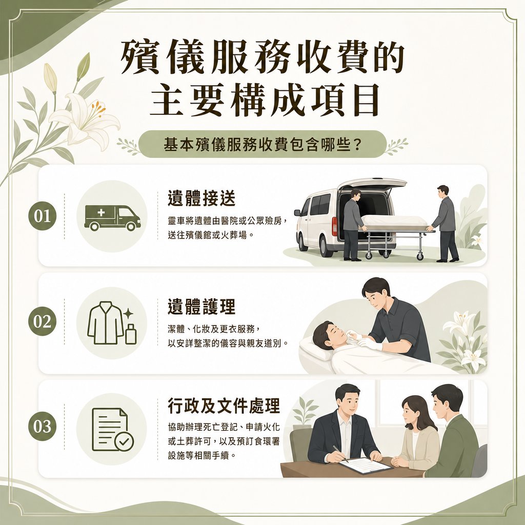 funeral-service-cost-items-infographic 殯儀服務收費的主要構成項目資訊圖表,說明基本殯儀服務包含的三大項目,01 遺體接送(靈車將遺體由醫院或公眾殮房送往殯儀館或火葬場);02 遺體護理(潔體、化妝及更衣服務);03 行政及文件處理(協助辦理死亡登記、申請火化或土葬許可,以及預訂食環署設施等相關手續)。
