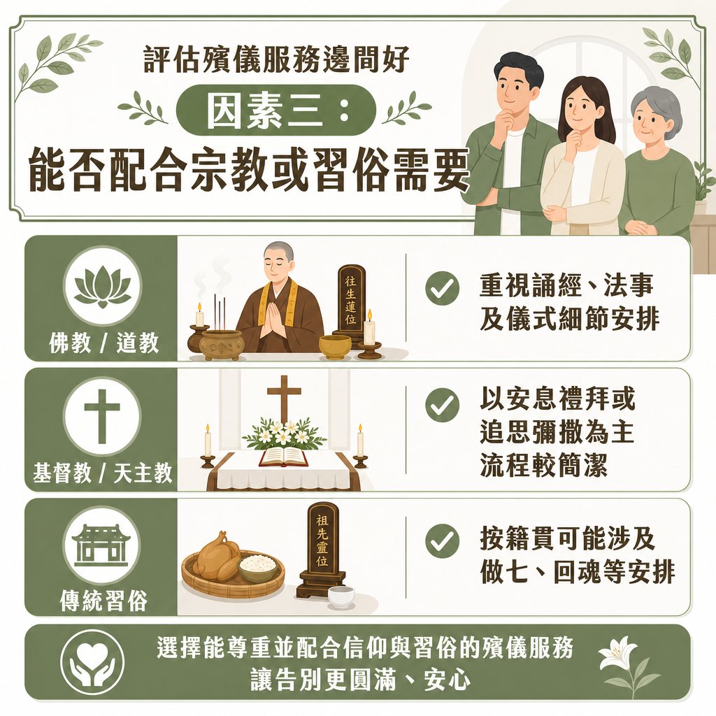 funeral-services-religious-beliefs-and-traditional-customs 資訊圖表介紹「評估殯儀服務邊間好因素三:能否配合宗教或習俗需要」。圖表橫向對比三大分類:佛教/道教(重視誦經、法事及儀式細節)、基督教/天主教(以安息禮拜或追思彌撒為主,流程簡潔)、傳統習俗(涉及做七、回魂等按籍貫的安排)。