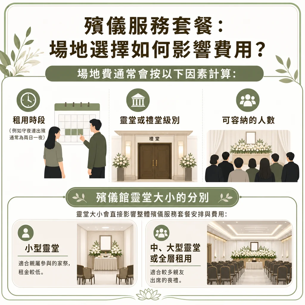一張以綠白色調為主的殯儀服務教學圖卡，主標題為「殯儀服務套餐：場地選擇如何影響費用？」，副標題為「場地費通常會按以下因素計算：」。圖卡分為上下兩部分： 上半部分列出三個計算因素：「租用時段」、「靈堂或禮堂級別」、「可容納的人數」。下半部分標題為「殯儀館靈堂大小的分別」，說明靈堂大小會直接影響整體殯儀服務套餐安排與費用，並對比兩者：「小型靈堂」及「中、大型靈堂或全層租用」。