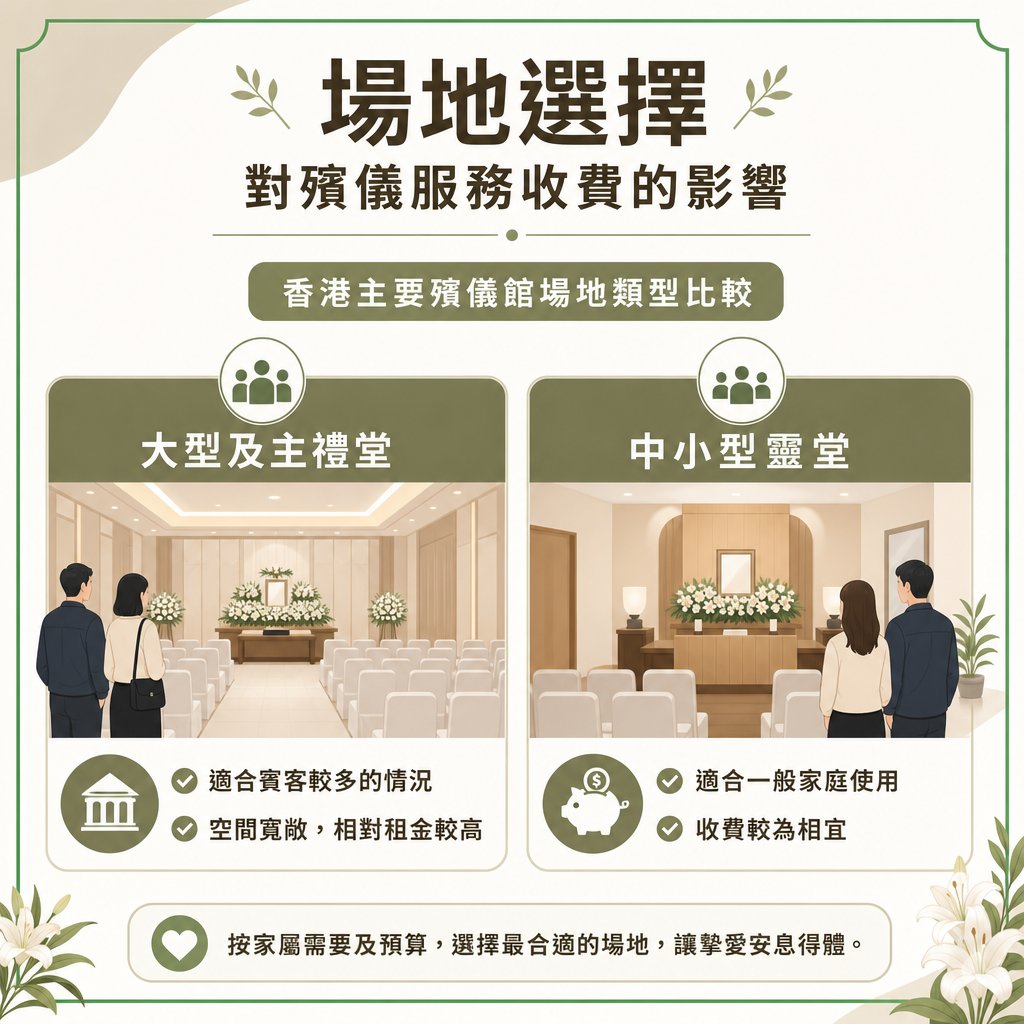 hong-kong-funeral-parlour-venue-types-cost 標題為「場地選擇對殯儀服務收費的影響」的資訊圖表,進行香港主要殯儀館場地類型比較。左側為「大型及主禮堂」,說明其適合賓客較多的情況、空間寬敞且相對租金較高,並配有寬敞禮堂的插圖;右側為「中小型靈堂」,說明其適合一般家庭使用、收費較為相宜,並配有溫馨小靈堂的插圖。底部附有提示文字:「按家屬需要及預算,選擇最合適的場地,讓摯愛安息得體。」