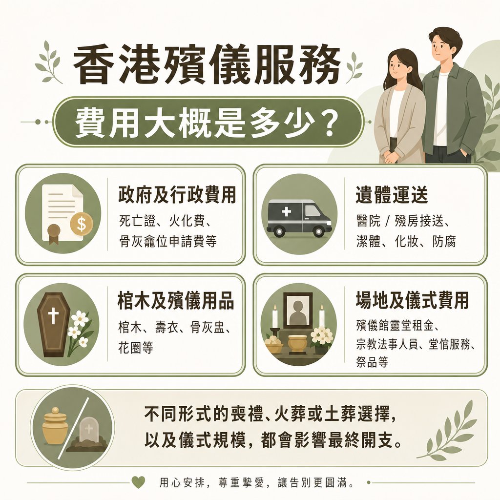 一幅淡綠色調的香港殯儀費用說明資訊圖表，主標題為「香港殯儀服務：費用大概是多少？」。右上角有一對年輕男女家屬的插圖。圖中將整體開支拆解為四大核心項目的卡片，並附有圓形圖示與文字說明：左上為「政府及行政費用」（圖為帶有錢幣符號的文件，文字包含死亡證、火化費、骨灰龕位申請費等）；右上為「遺體運送」（圖為十字醫療接送車，文字包含醫院/殮房接送、潔體、化妝、防腐）；左下為「棺木及殯儀用品」（圖為西式十字棺木與白花，文字包含棺木、壽衣、骨灰盅、花圈等）；右下為「場地及儀式費用」（圖為靈堂相框與蠟燭，文字包含殯儀館靈堂租金、宗教法事人員、堂倌服務、祭品等）。圖表下方標註：「不同形式的喪禮、火葬或土葬選擇，以及儀式規模，都會影響最終開支。」底部帶有綠色心形標章及文字「用心安排，尊重摯愛，讓告別更圓滿。」