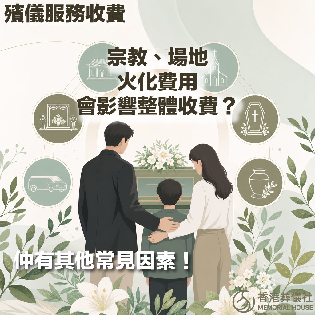 香港葬儀社說明的殯儀服務收費字卡,畫有一家三口背影面對棺木,背景圍繞著中西式宗教場地、靈車、棺木、骨灰罈等圖示。圖中文字包含「殯儀服務收費」、「宗教、場地、火化費用會影響整體收費?」及「仲有其他常見因素!」。