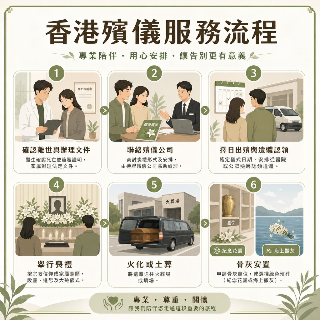 一幅淡綠色調的香港殯儀服務流程資訊圖表，主標題為「香港殯儀服務流程：專業陪伴．用心安排．讓告別更有意義」。圖中以 1 至 6 的圓形數字與箭頭標示後事處理的六大階段：1 確認離世與辦理文件（圖為醫生與家屬核對文件，背景有死亡證明書）；2 聯絡殯儀公司（圖為顧問向家屬講解殯儀服務）；3 擇日出殯與遺體認領（圖為家屬看著日曆，背景有運送車）；4 舉行喪禮（圖為家屬在佈滿白花的靈堂前弔唁）；5 火化或土葬（圖為靈車駛入火葬場）；6 骨灰安置（圖左為龕位與紀念花園標誌，圖右為鮮花撒入大海的海上撒灰標誌，文字提及可選擇綠色殯葬）。底部帶有心形標章及文字「專業．尊重．關懷 讓我們陪伴您走過這段重要的旅程」。