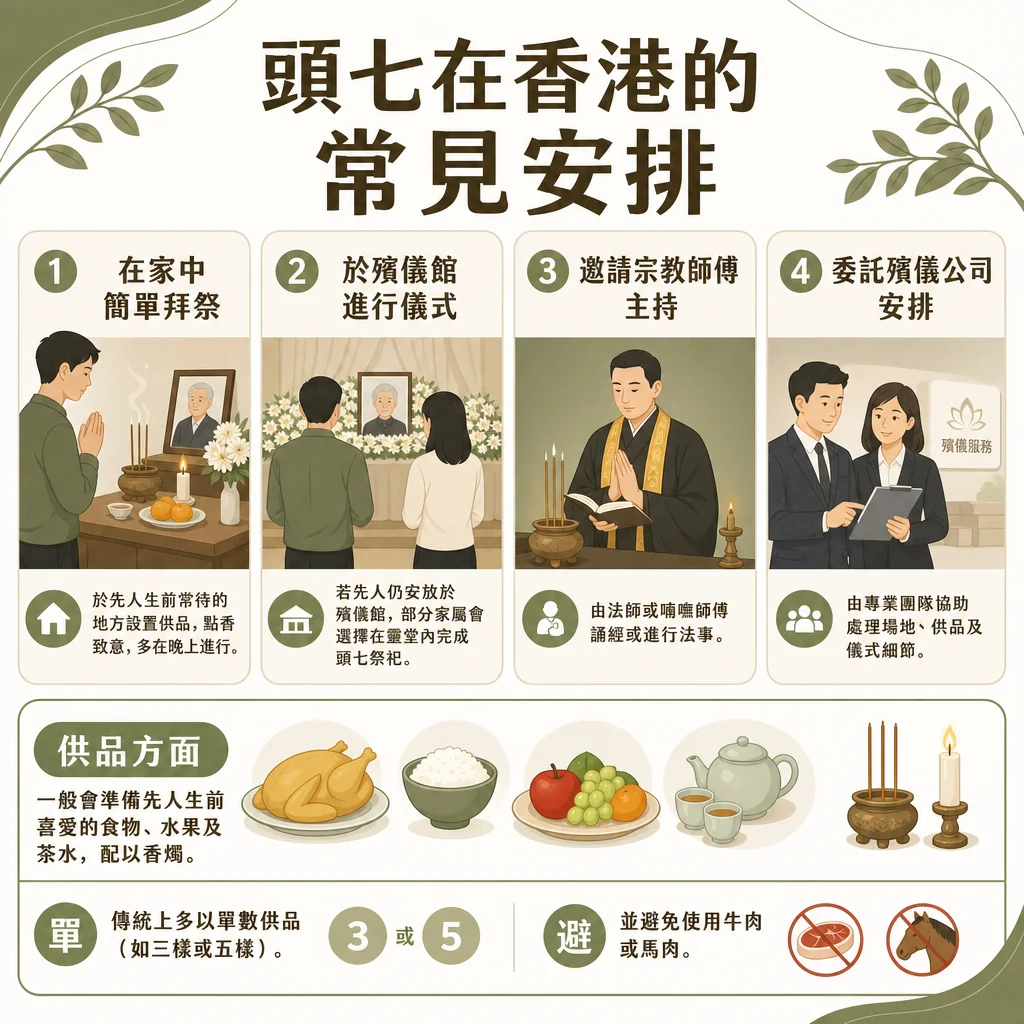 hong-kong-touqi-arrangements-and-offerings-guide 介紹香港頭七常見安排與供品的資訊圖卡。內容涵蓋在家拜祭、殯儀館儀式、邀請法師誦經及委託殯儀公司四種方式。供品方面建議準備先人生前喜愛的食物、水果與茶水,並強調傳統上供品數目需為單數(3或5樣),且必須避免使用牛肉或馬肉。
