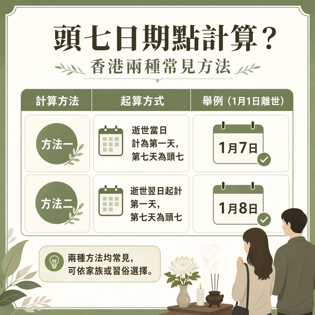 how-to-calculate-touqi-date-hong-kong 解釋香港兩種常見頭七日期計算方法的資訊圖卡。以 1 月 1 日離世為例:方法一(當日計起)頭七為 1 月 7 日;方法二(翌日計起)頭七為 1 月 8 日。備註說明兩種方法均常見,可依家族或習俗選擇。右下角附有家屬持香拜祭的插畫。