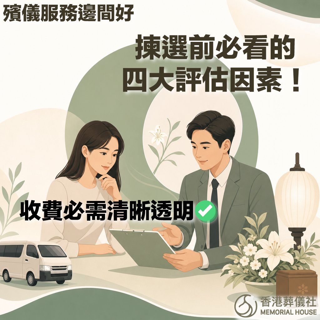 memorial-house-funeral-service-evaluation-factors 香港葬儀社 MEMORIAL HOUSE 宣傳圖。文字標示「殯儀服務邊間好:揀選前必看的四大評估因素!」與「收費必需清晰透明」,配有禮儀師與女性家屬面談諮詢的現代插畫。