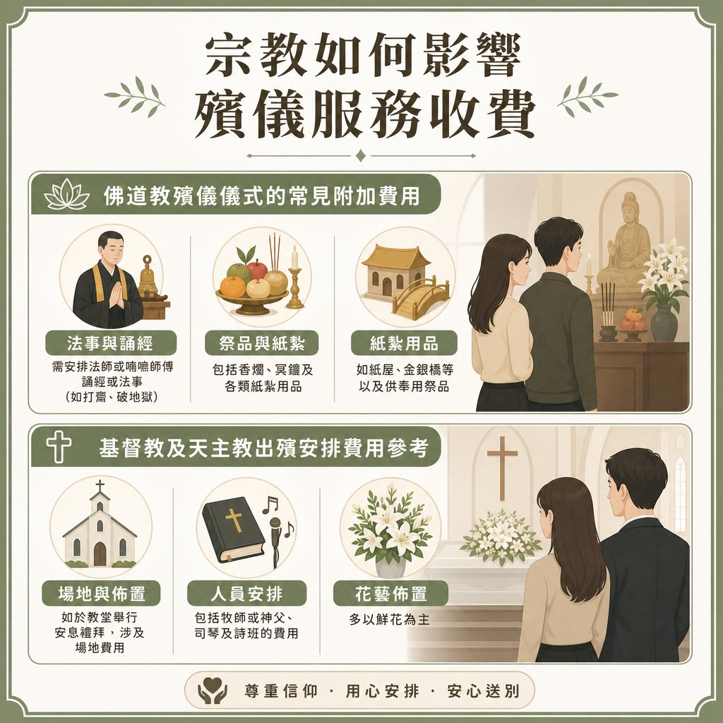 religion-impacts-funeral-service-costs 標題為「宗教如何影響殯儀服務收費」的資訊圖表。分為兩大部分,第一部分為「佛道教殯儀儀式的常見附加費用」,包含法事與誦經(打齋、破地獄)、祭品與紙紮(香燭、冥鏹及紙紮用品)、紙紮用品(紙屋、金銀橋等);第二部分為「基督教及天主教出殯安排費用參考」,包含場地與佈置(教堂安息禮拜)、人員安排(牧師、神父、司琴及詩班)、花藝佈置(鮮花為主)。底部標有「尊重信仰・用心安排・安心送別」。