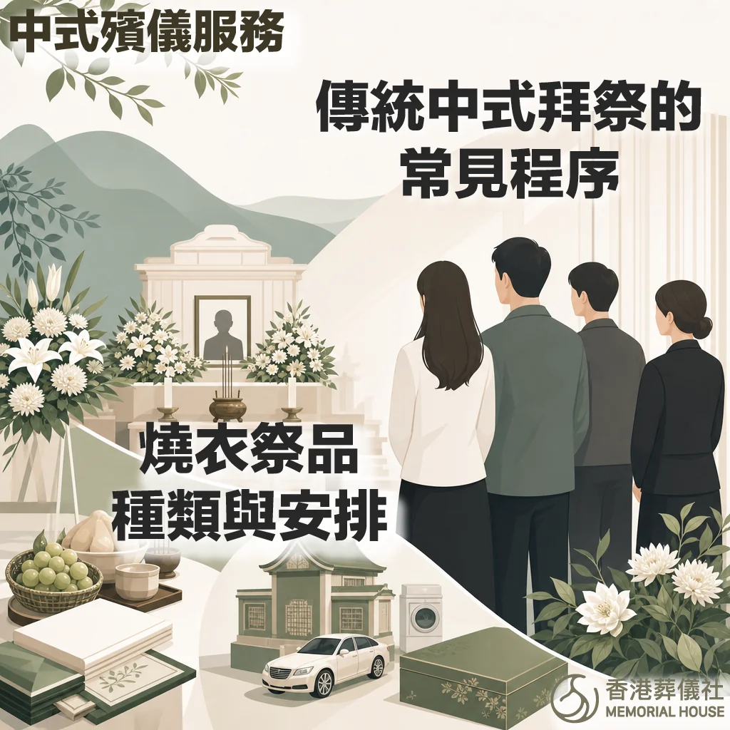永善中式殯儀服務宣傳圖,整體採用典雅肅穆的青綠色水墨風格。右側畫面為四位身穿黑色與深色正裝的家屬背影,正面對著左側的中式祭壇。左上方的中式祭壇中央設有先人相框、香爐、白蠟燭,並佈滿白菊花與百合花。左下方兩個圓形剪影展示了豐富的祭品與紙紮:一個包含水果籃(青葡萄)、茶杯、經書與香燭;另一個包含精緻的雙層紙紮大屋、紙紮白色轎車、紙紮洗衣機與綠色衣箱。右下角帶有「永善 ETERNAL」的品牌標誌。畫面中的標題文字為「中式殯儀服務」,核心文字為「傳統中式拜祭的常見程序?燒衣祭品種類與安排?」。