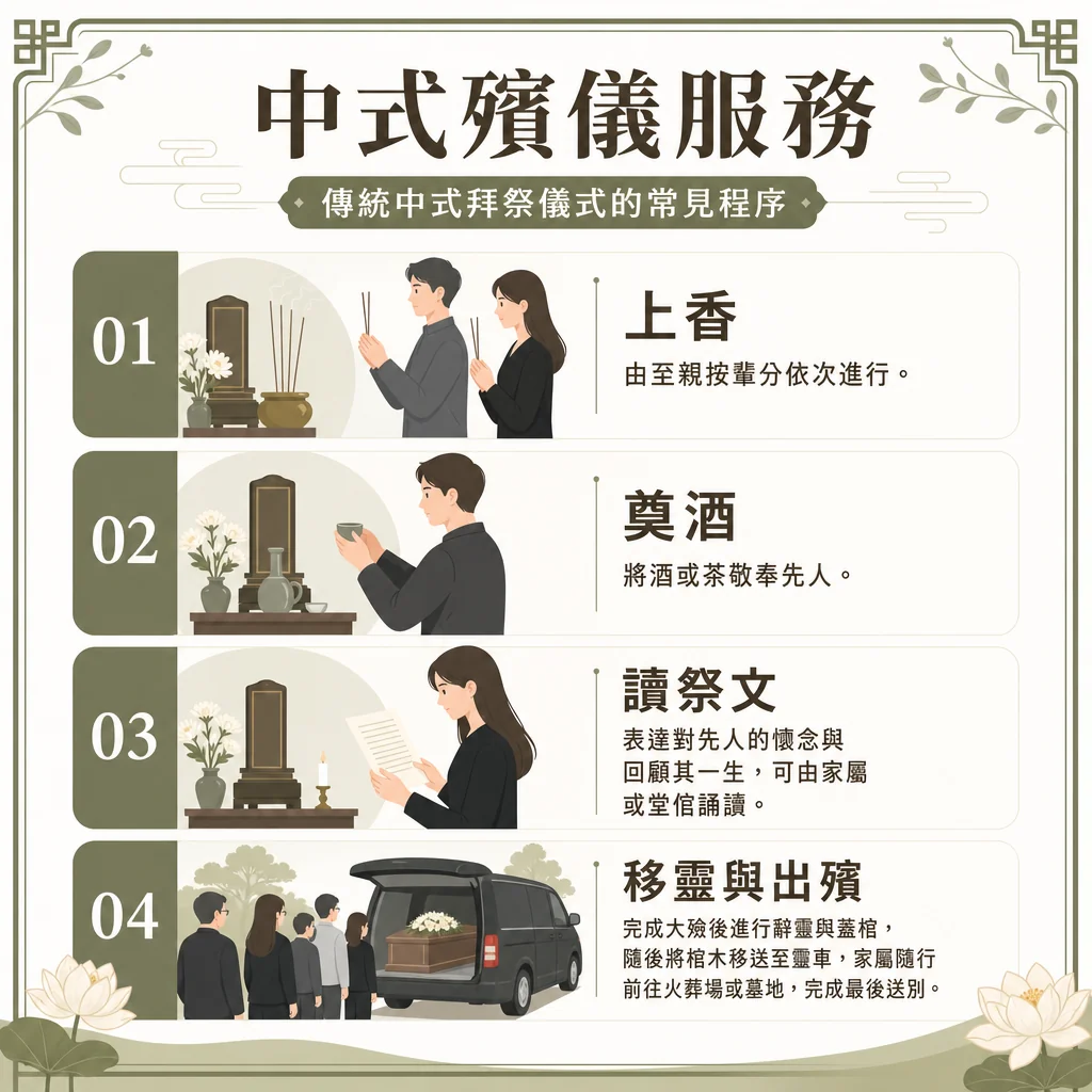 traditional-chinese-funeral-worship-steps-shangxiang-dianjiu 中式殯儀服務資訊圖表,主題為「傳統中式拜祭儀式的常見程序」。背景為淡綠色古風框架、祥雲與白蓮花。圖中以 01 到 04 數字順序,詳細列出四個儀式步驟與插畫:上香:內文為「由至親按輩分依次進行」,配有一男一女家屬身穿黑衣、手拿線香向神位鞠躬上香的插畫。奠酒:內文為「將酒或茶敬奉先人」,配有男子雙手端著茶杯向神位奠酒敬茶的插畫。讀祭文:內文為「表達對先人的懷念與回顧其一生,可由家屬或堂倌誦讀」,配有黑衣女子在神位前展開紙張誦讀祭文的插畫。移靈與出殯:內文為「完成大殮後進行辭靈與蓋棺,隨後將棺木移送至靈車,家屬隨行前往火葬場或墓地,完成最後送別」,配有多位家屬排隊目送棺木裝入靈車的插畫。