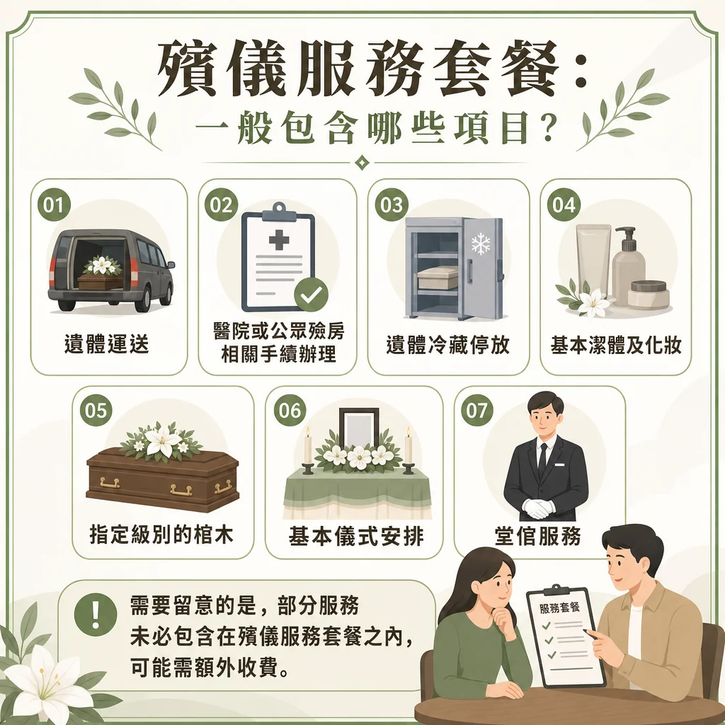 一張綠白色調的殯儀服務宣傳圖卡，標題為「殯儀服務套餐：一般包含哪些項目？」。圖中以 01 至 07 的數字與插圖列出七大常見項目：01 遺體運送、02 醫院或公眾殮房相關手續辦理、03 遺體冷藏停放、04 基本潔體及化妝、05 指定級別的棺木、06 基本儀式安排、07 堂館服務。底部帶有驚嘆號提示語：「需要留意的是，部分服務未必包含在殯儀服務套餐之內，可能需額外收費。」右下方則有兩人正在討論服務套餐表格的插圖。