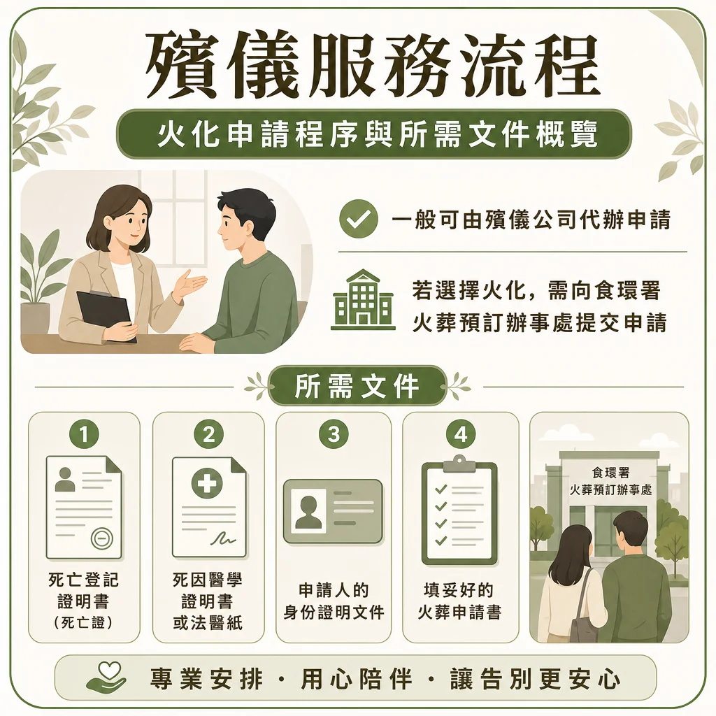 圖卡分為上下兩部分： 上半部分左側插圖顯示一位女性殯儀顧問正向家屬進行解說。右側列出兩項申請須知：「一般可由殯儀公司代辦申請」、「若選擇火化，需向食環署火葬預訂辦事處提交申請」、「死亡登記證明書（死亡證）」、「死因醫學證明書或法醫紙」、「申請人的身份證明文件」、「填妥好的火葬申請書」。
