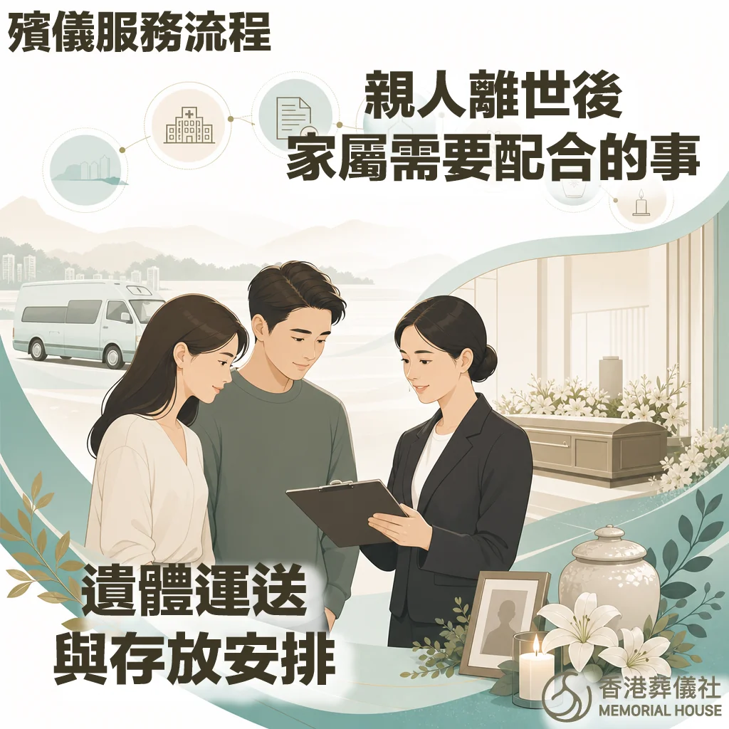 香港葬儀社宣傳圖卡,左上角標籤為「殯儀服務流程」。主標題為「親人離世後家屬需要配合的事」與「遺體運送與存放安排」。插圖中,一位穿著黑色西裝的女性殯儀顧問正手持寫字夾板,向一對神情肅穆的年輕男女進行講解。背景左側停放著一輛靈車,右側則是佈置了白色鮮花的棺木與靈堂。右下角擺放著逝者遺照框架、白百合花、骨灰甕及點燃的蠟燭,並帶有香港葬儀社的標誌。