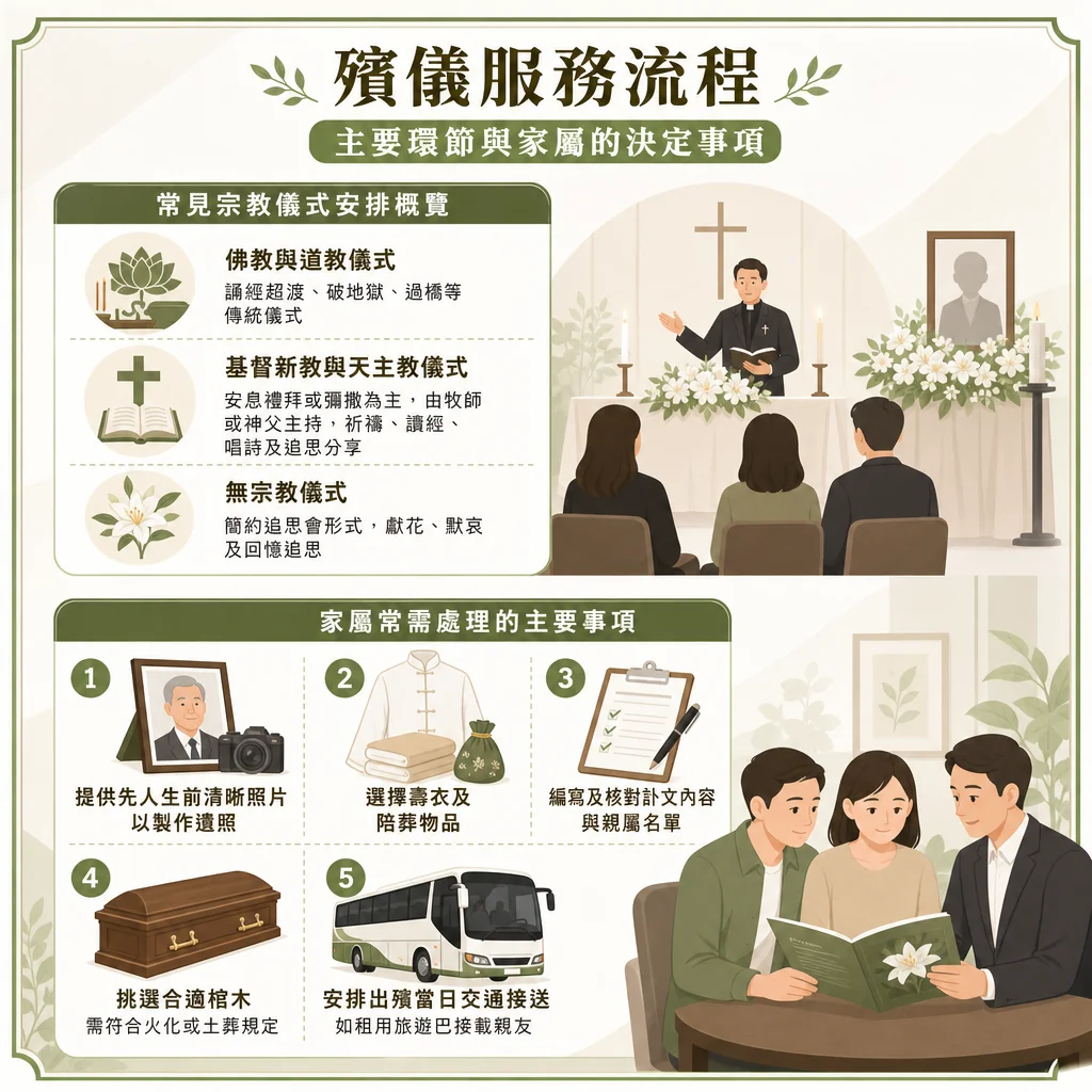 一張以綠白色調為主的殯儀知識圖卡，主標題為「殯儀服務流程：主要環節與家屬的決定事項」。圖卡分為上下兩部分： 上半部分左側為「常見宗教儀式安排概覽」：「佛教與道教儀式」、「基督新教與天主教儀式」、「無宗教儀式」。下半部分標題為「家屬常需處理的主要事項」，由數字 1 至 5 標示五個項目：「提供先人生前清晰照片以製作遺照」、「選擇壽衣及陪葬物品」、「編寫及核對訃文內容與親屬名單」、「挑選合適棺木」、「安排出殯當日交通接送」。