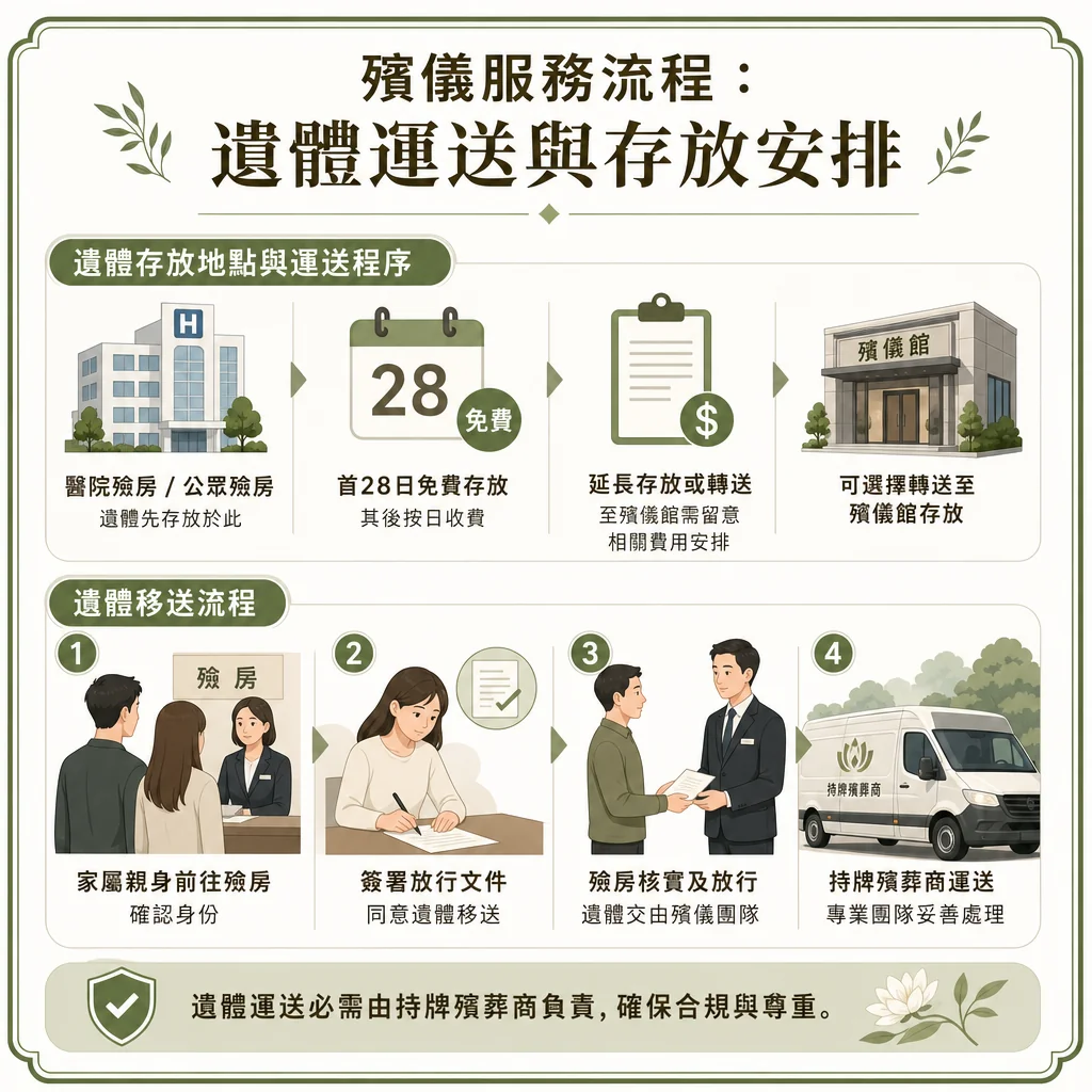 一張以綠白色調為主的殯儀流程教學圖卡，主標題為「殯儀服務流程：遺體運送與存放安排」。圖卡分為上下兩部分： 上半部分標題為「遺體存放地點與運送程序」，由左至右為：「醫院殮房／公眾殮房」、「首28日免費存放」、「延長存放或轉送」、「可選擇轉送至殯儀館存放」。下半部分標題為「遺體移送流程」，由數字 1 至 4 標示四個步驟：「家屬親身前往殮房確認身份」、「簽署放行文件同意遺體移送」、「殮房核實及放行遺體交由殯儀團隊」、「持牌殯葬商運送專業團隊妥善處理」。