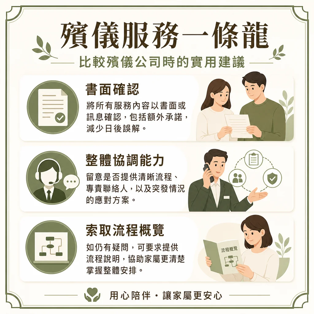 香港葬儀社 MEMORIAL HOUSE 的綠白暖心色調資訊圖表，主標題為「殯儀服務一條龍：部分外判的潛在風險有哪些？」。左上角標有「誠信透明」紅色印章標誌。圖中以 1 至 4 的數字徽章，詳細列出四大潛在風險與插圖說明： 1 溝通成本增加（圖為兩位家屬與兩位服務人員之間有多條混亂的雙向溝通箭頭，文字註明涉及多方轉手，容易出現資訊錯漏或誤解）； 2 服務品質參差（圖為一個打叉的品質保證盾牌與不平衡的天平，文字註明外判人員水平難以控制，或會影響儀式的流暢與莊嚴）； 3 隱藏收費風險（圖為一個被放大鏡檢視的文件、驚嘆號與帶有錢幣的驚嘆號，文字註明合約外可能出現追加開支，如突發的人工費或項目加購）； 4 責任推諉問題（圖為兩個人分別往左右兩邊指的推卸責任手勢，文字註明若儀式中出現失誤，外判商與中介可能互相卸責，家屬難以追究）。 底部中央帶有兩個手掌與心形的圖示，標註標語「選擇全自營一條龍，安心透明有保障」。