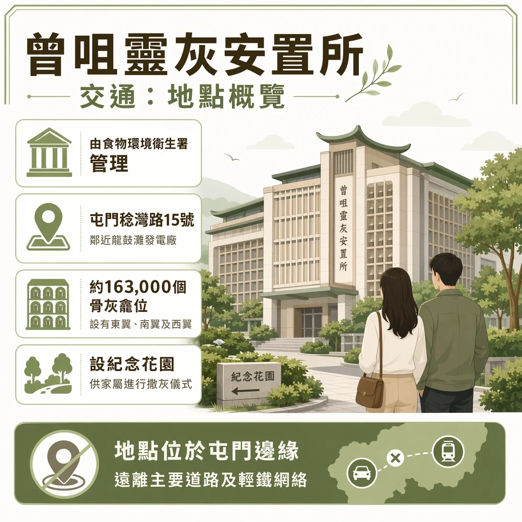 曾咀靈灰安置所地點概覽資訊圖。圖中列出四大特點：由食物環境衛生署管理；位於屯門稔灣路15號（鄰近龍鼓灘發電廠）；提供約163,000個骨灰龕位（設有東翼、南翼及西翼）；設有紀念花園供家屬進行撒灰儀式。底部特別標註：地點位於屯門邊緣，遠離主要道路及輕鐵網絡。
